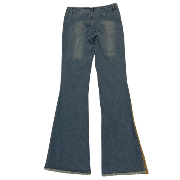 Bebe Flare Jeans with faux suede studded trim lines on the outer leg, Raw hem - Picture 8 of 11
